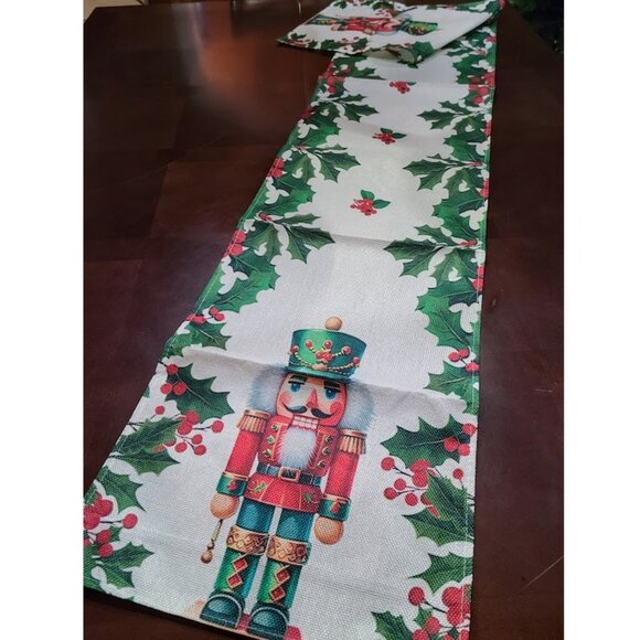 Red Nutcracker Table Runner Green Christmas Decor Holiday Soldier Xmas Cloth 72" - Picture 2 of 11